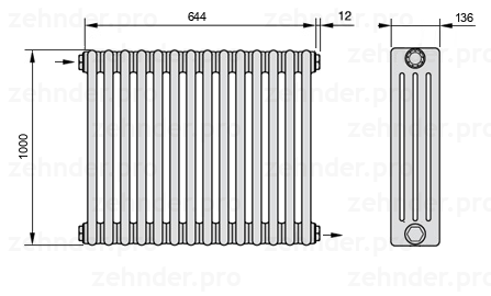 Схема (чертеж) Радиатор Zehnder Charleston 4100/14 №1670 Белый глянцевый RAL 9016